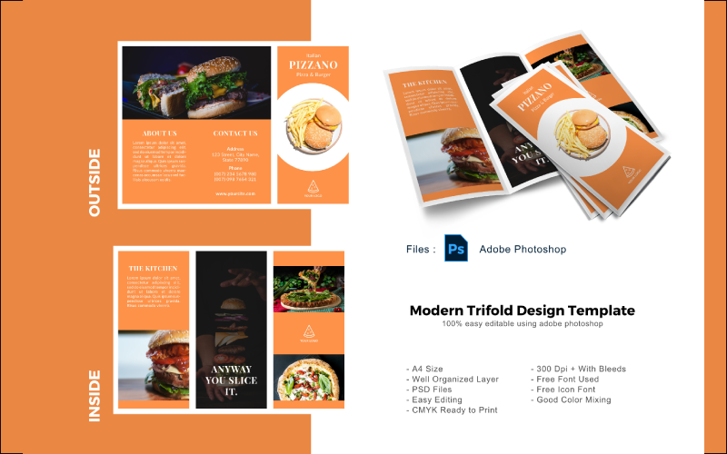 Download PSD шаблон "Pizza Restaurant Trifold Brochure PSD Template" / Pizza Restaurant Trifold Brochure PSD Template - PSD шаблон на тему графика trifold template,brochure template,flyer template,psd template,trifold psd template,photoshop template,modern,minimalist,business trifold,trifold brochure,trifold mockup,ads,advertisement,bro