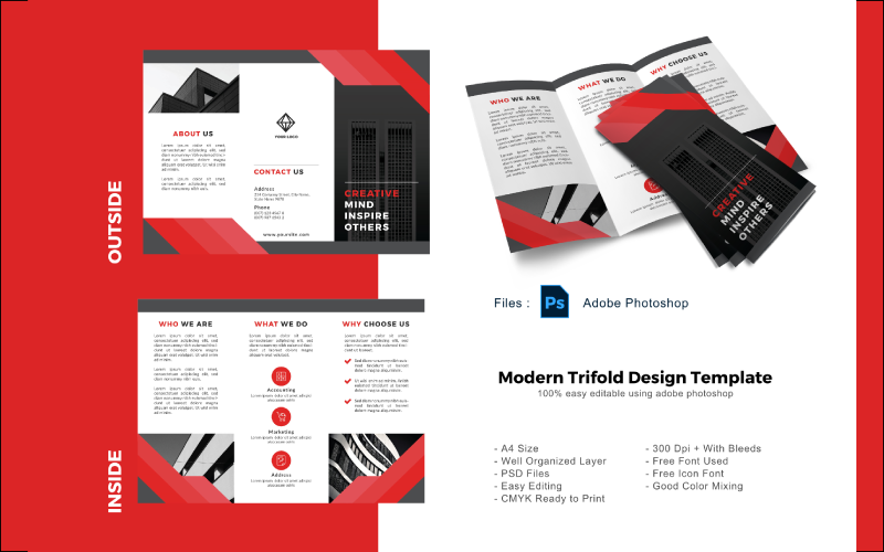 Plantilla PSD de folleto tríptico de negocios rojo moderno