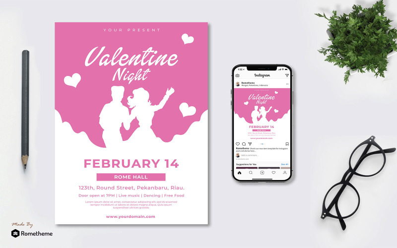 Download Фирменный стиль "Valentine Night vol.01 - Flyer TY - Corporate Identity Template" / Valentine Night vol.01 - Flyer TY - Corporate Identity Template - Фирменный стиль на тему графика banner,print,design,business,promotion,valentine,love,couple,flyer,pink,lovely,night,event,romantic