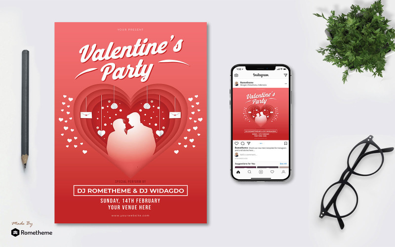 Download Фирменный стиль "Valentine's Party - Flyer KF - Corporate Identity Template" / Valentine's Party - Flyer KF - Corporate Identity Template - Фирменный стиль на тему графика banner,print,design,services,business,promotion,valentine,love,romantic,couple,red