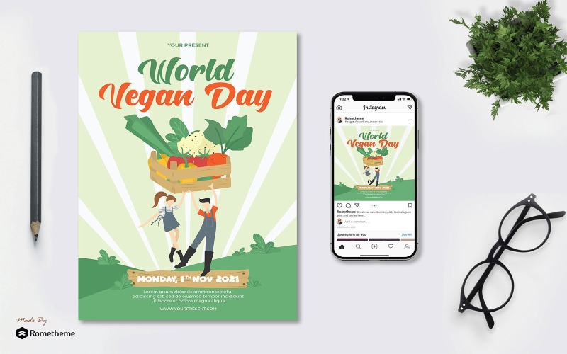 Download Фирменный стиль "World Vegan Day - Flyer AS - Corporate Identity Template" / World Vegan Day - Flyer AS - Corporate Identity Template - Фирменный стиль на тему графика banner,print,design,business,services,promotion,world,food,restaurant,event