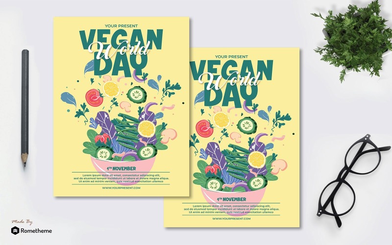 Download Фирменный стиль "World Vegan Day Vol.02 - Flyer AS - Corporate Identity Template" / World Vegan Day Vol.02 - Flyer AS - Corporate Identity Template - Фирменный стиль на тему графика world,vegan,event,banner,print,design,services,business,promotion,restaurant,health,vector,flyer