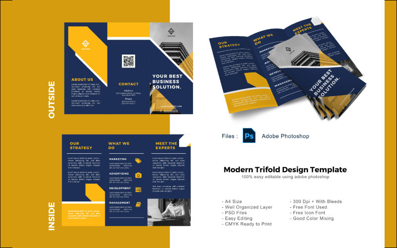 Download PSD шаблон "Yellow Business Company Trifold Brochure PSD Template" / Yellow Business Company Trifold Brochure PSD Template - PSD шаблон на тему графика trifold template,brochure template,flyer template,psd template,trifold psd template,photoshop template,modern,minimalist,business trifold,trifold brochure,trifold mockup,ads,advertisement,bro