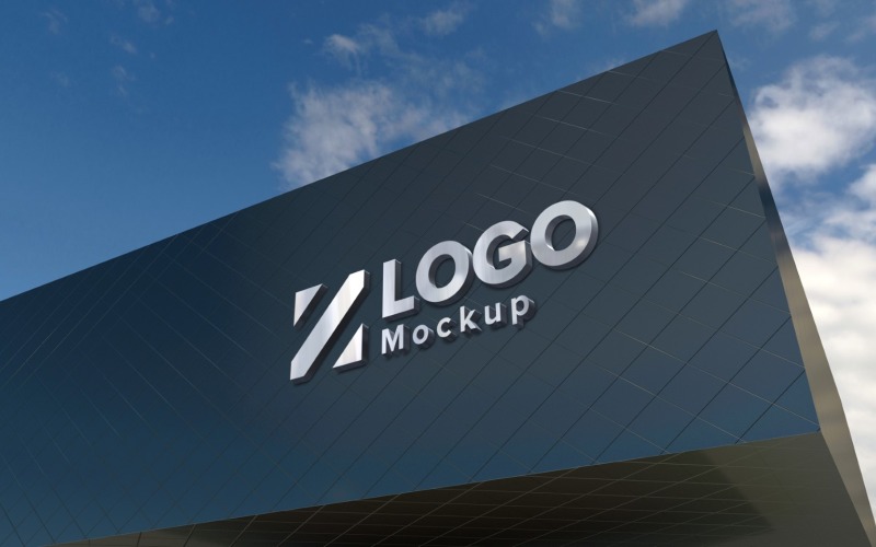 Maqueta de logotipo dorado Elegante letrero 3D Maqueta de producto de fachada de edificio negro