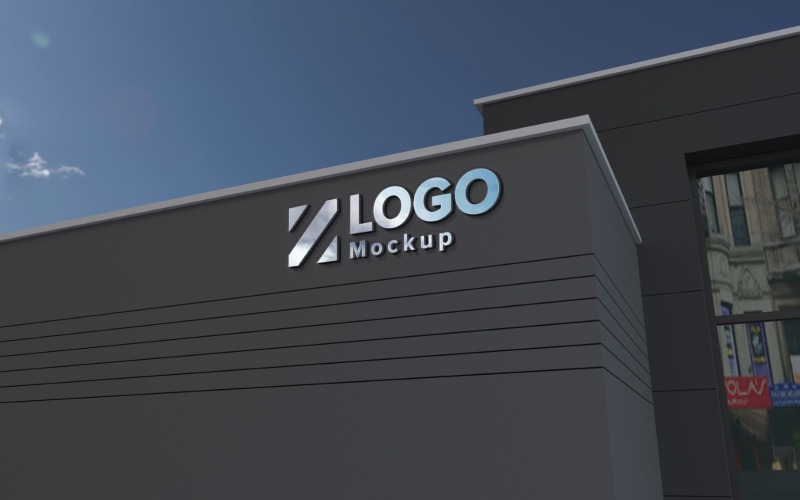Steel Logo Mockup 3D Sign gevel Zwart Gebouw productmodel