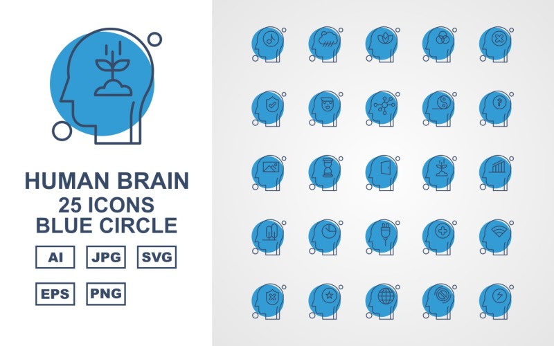 Набор иконок 25 премиум человеческий мозг синий круг
