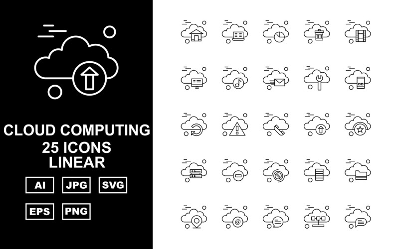Download Набор иконок "25 Premium Cloud Computing Linear Icon Set" / 25 Premium Cloud Computing Linear Icon Set - Набор иконок на тему music home,alert,server,folder,location,at the rate,chat,laptop,pie,recycle bin,film,lcd,music,mail,screwdriver,mobile,reload,telephone,upload,icon