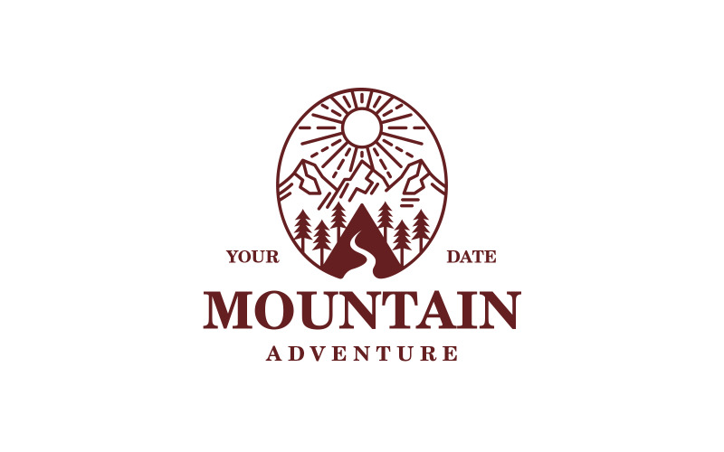 Download Шаблон логотипа "Mountain Landscape Logo Template" / Mountain Landscape Logo Template - Шаблон логотипа на тему графика mountains,mountain,sun,energy,trail,hikking,walk,nature,natural,forest,forestal,tree,trees,landscape,eco,bio,organic,line art,emblem,camping