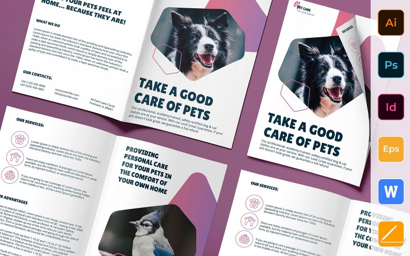 Brochure sur les soins de toilettage pour animaux de compagnie à deux volets - Modèle d'identité d'entreprise
