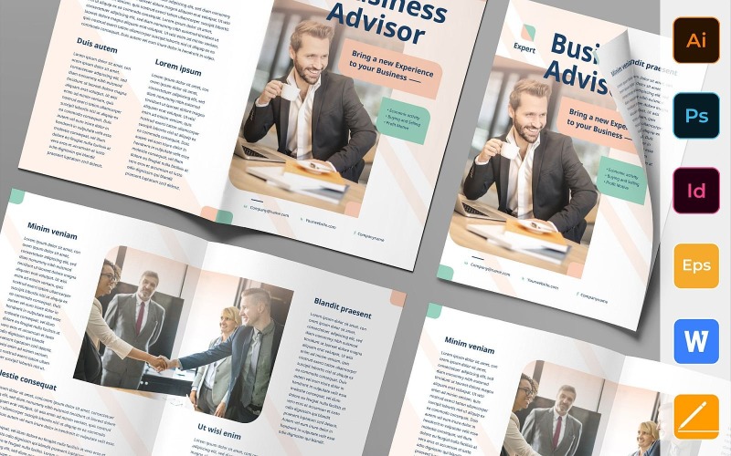 Download Фирменный стиль "Business Advisor Brochure Bifold - Corporate Identity Template" / Business Advisor Brochure Bifold - Corporate Identity Template - Фирменный стиль на тему графика brochure,bifold,template,corporate,company,branding,business,advisor,finance,consultant,marketing,strategy,blue,white,pastel