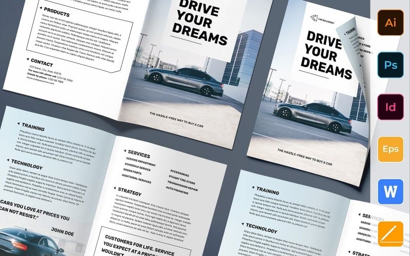 Download Фирменный стиль "Car Dealership Brochure Bifold - Corporate Identity Template" / Car Dealership Brochure Bifold - Corporate Identity Template - Фирменный стиль на тему графика brochure,bifold,template,corporate,company,branding,car,dealership,dealer,rent,auto,showroom,white,black,gray
