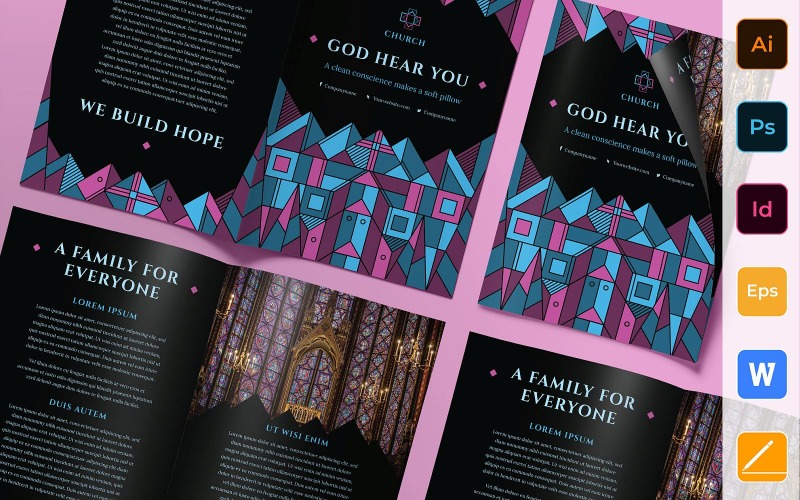 Download Фирменный стиль "Church Brochure Bifold - Corporate Identity Template" / Church Brochure Bifold - Corporate Identity Template - Фирменный стиль на тему графика brochure,bifold,template,corporate,company,branding,church,god,pray,worship,religion,architecture,blue,pink,black