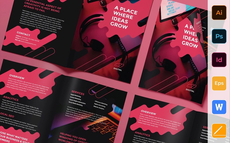 Download Фирменный стиль "Digital Advertising Agency Brochure Bifold - Corporate Identity Template" / Digital Advertising Agency Brochure Bifold - Corporate Identity Template - Фирменный стиль на тему графика brochure,bifold,template,corporate,company,branding,digital,advertising,social,ad,banner,promotion,marketing,red,black