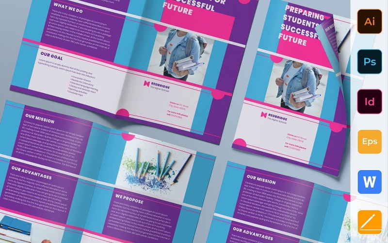 Download Фирменный стиль "Education Brochure Bifold - Corporate Identity Template" / Education Brochure Bifold - Corporate Identity Template - Фирменный стиль на тему графика brochure,bifold,template,corporate,company,branding,education,student,school,learning,teacher,college,purple,pink,blue