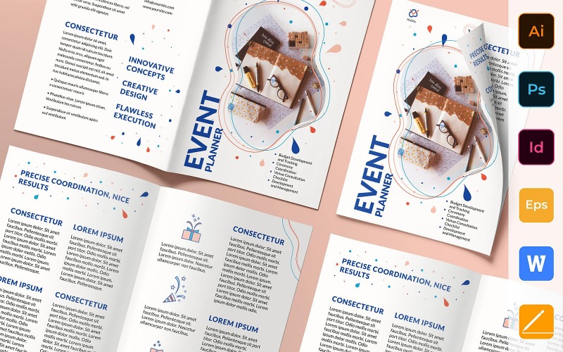 Download Фирменный стиль "Event Planner Brochure Bifold - Corporate Identity Template" / Event Planner Brochure Bifold - Corporate Identity Template - Фирменный стиль на тему графика brochure,bifold,template,corporate,company,branding,event,planner,schedule,organize,management,occasion,white,blue,red