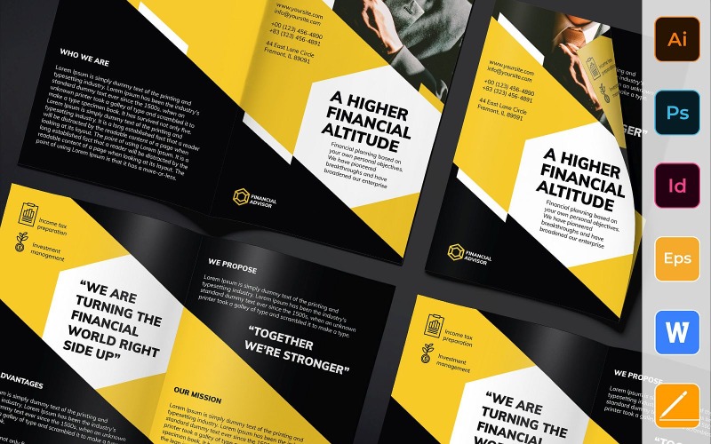 Download Фирменный стиль "Financial Advisor Brochure Bifold - Corporate Identity Template" / Financial Advisor Brochure Bifold - Corporate Identity Template - Фирменный стиль на тему графика brochure,bifold,template,corporate,company,branding,finance,advisor,consultant,consulting,marketing,investment,strategy,black,orange
