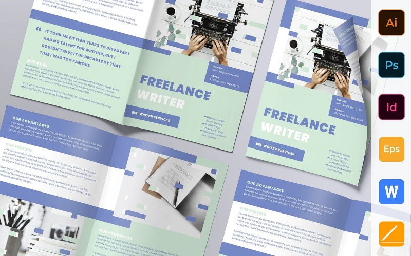 Download Фирменный стиль "Freelance Writer Brochure Bifold - Corporate Identity Template" / Freelance Writer Brochure Bifold - Corporate Identity Template - Фирменный стиль на тему графика brochure,bifold,template,corporate,company,branding,freelance,writer,copywriter,content,marketing,independent,blue,white,pastel