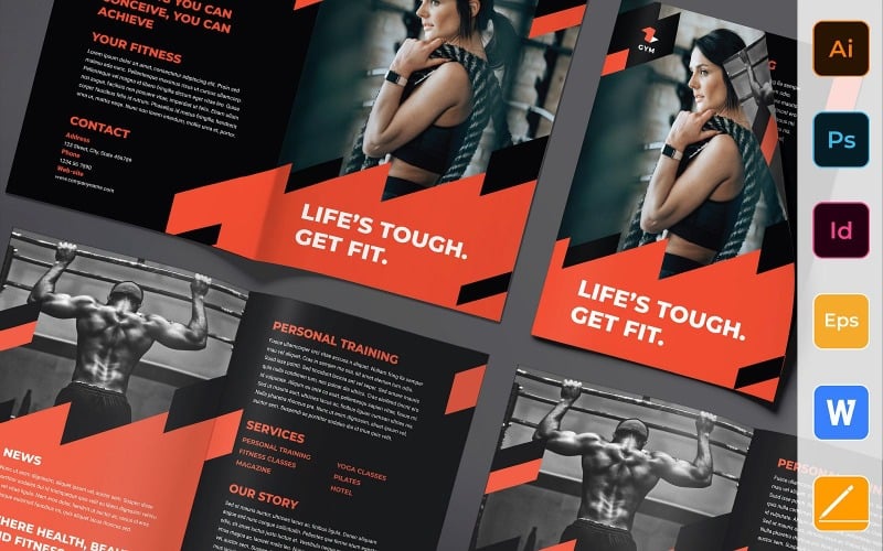 Download Фирменный стиль "Gym Brochure Bifold - Corporate Identity Template" / Gym Brochure Bifold - Corporate Identity Template - Фирменный стиль на тему графика brochure,bifold,template,corporate,company,branding,gym,training,fitness,health,exercise,instructor,black,red,white