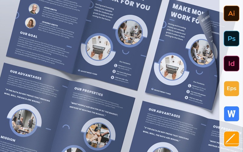 Download Фирменный стиль "Investment Fund Brochure Bifold - Corporate Identity Template" / Investment Fund Brochure Bifold - Corporate Identity Template - Фирменный стиль на тему графика brochure,bifold,template,corporate,company,branding,investment,fund,investor,finance,money,savings,blue,pastel,violet
