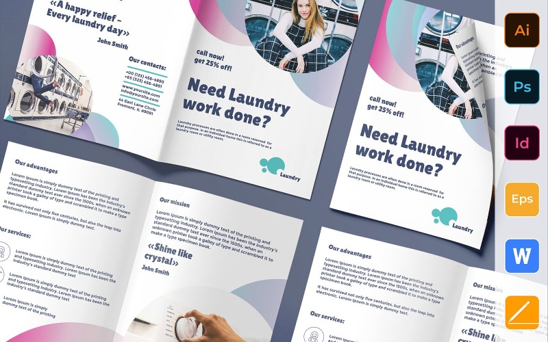 Download Фирменный стиль "Laundry Brochure Bifold - Corporate Identity Template" / Laundry Brochure Bifold - Corporate Identity Template - Фирменный стиль на тему графика brochure,bifold,template,corporate,company,branding,laundry,clean,clothes,services,wash,home,white,pastel,violet