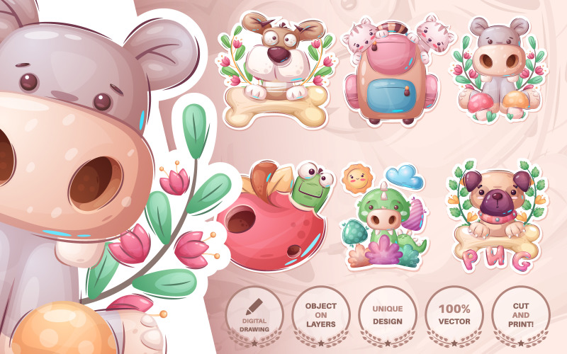 Download Иллюстрация "Set Cute Sticker - Seamless Pattern - Illustration" / Set Cute Sticker - Seamless Pattern - Illustration - Иллюстрация на тему графика dog,puppy,bone,cat,kitty,briefcase,hippo,apple,crocodile,bush,pug,seamless,pattern,cartoon,character,illustration,picture,smile,emotion,draw