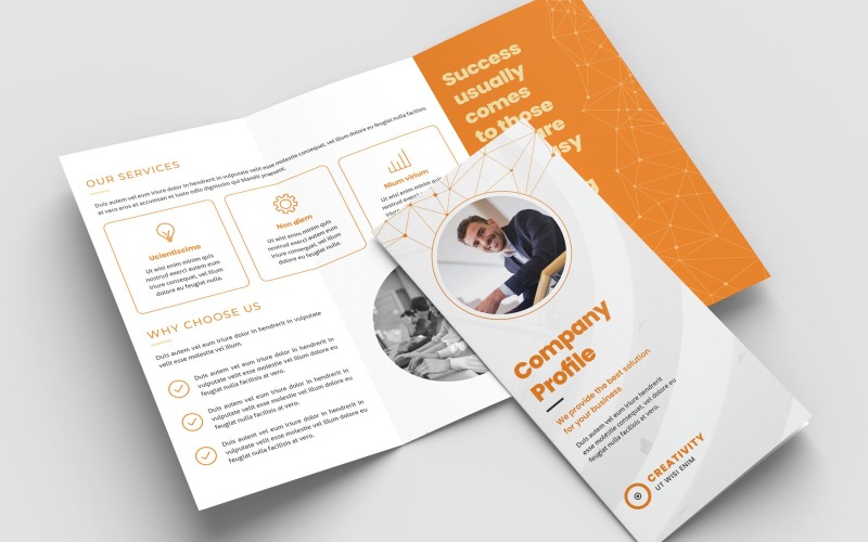 Download Фирменный стиль "Trifold Brochure Creative - Corporate Identity Template" / Trifold Brochure Creative - Corporate Identity Template - Фирменный стиль на тему графика trifold,network,connection,orange,creative,company,service,marketing,business,white