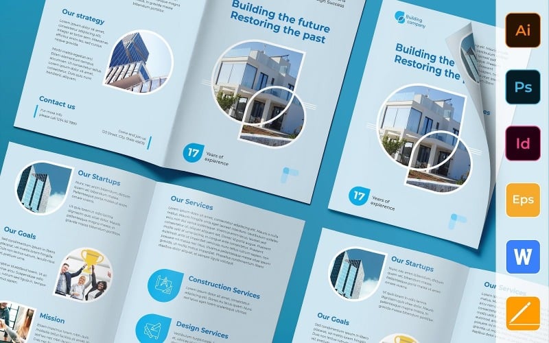 Download Фирменный стиль "Building Company Brochure Bifold - Corporate Identity Template" / Building Company Brochure Bifold - Corporate Identity Template - Фирменный стиль на тему графика brochure,bifold,template,corporate,company,branding,building,construction,contractor,architecture,realestate,blue,black,white