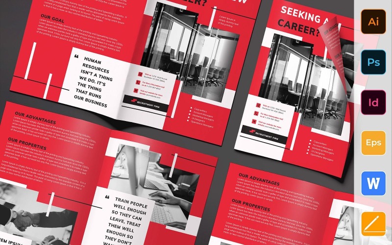 Download Фирменный стиль "Recruitment Firm Brochure Bifold - Corporate Identity Template" / Recruitment Firm Brochure Bifold - Corporate Identity Template - Фирменный стиль на тему графика brochure,bifold,template,corporate,company,branding,recruitment,hiring,job,hr,employment,career,red,black,white