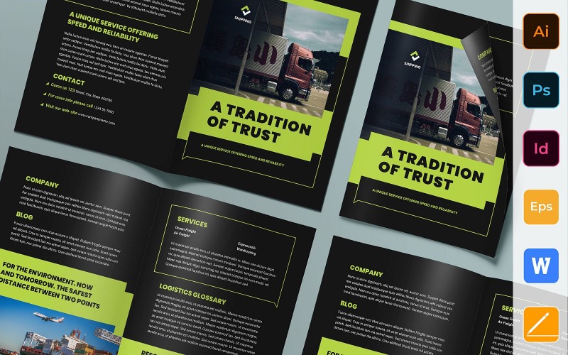 Download Фирменный стиль "Shipping Brochure Bifold - Corporate Identity Template" / Shipping Brochure Bifold - Corporate Identity Template - Фирменный стиль на тему графика brochure,bifold,template,corporate,company,branding,shipping,delivery,logistics,transport,cargo,truck,black,green,white