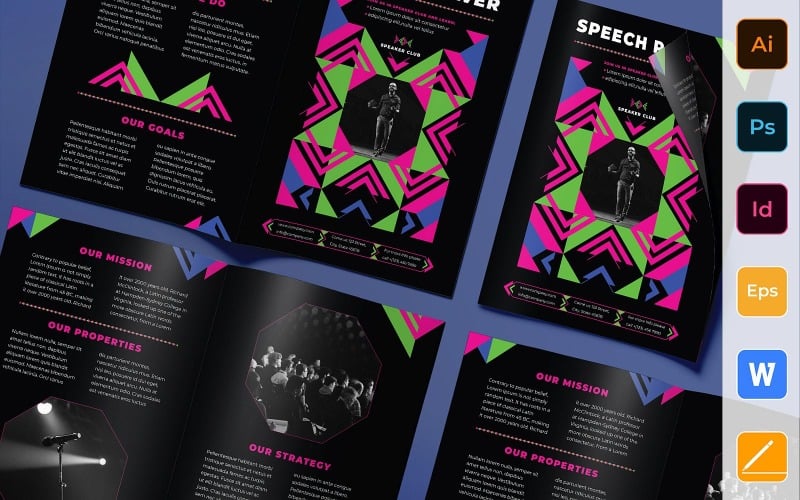 Download Фирменный стиль "Speaker Brochure Bifold - Corporate Identity Template" / Speaker Brochure Bifold - Corporate Identity Template - Фирменный стиль на тему графика brochure,bifold,template,corporate,company,branding,speaker,coach,conference,presentation,motivation,event,black,green,pink