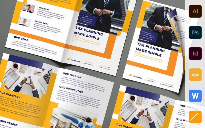 Download Фирменный стиль "Tax Advisor Brochure Bifold - Corporate Identity Template" / Tax Advisor Brochure Bifold - Corporate Identity Template - Фирменный стиль на тему графика brochure,bifold,template,corporate,company,branding,tax,advisor,accounting,finance,bookkeeping,consultant,white,blue,orange