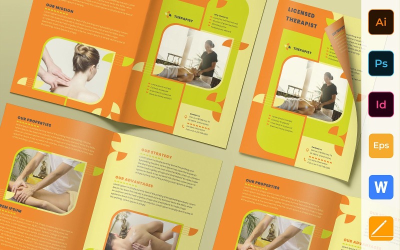 Download Фирменный стиль "Therapist Brochure Bifold - Corporate Identity Template" / Therapist Brochure Bifold - Corporate Identity Template - Фирменный стиль на тему графика brochure,bifold,template,corporate,company,branding,therapist,therapy,health,spa,massage,rehabilitation,green,orange,purple