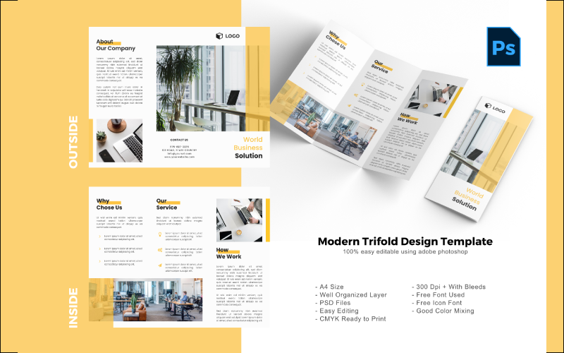 Download PSD шаблон "Modern Trifold Brochure PSD Template" / Modern Trifold Brochure PSD Template - PSD шаблон на тему графика trifold template,brochure template,flyer template,psd template,trifold psd template,photoshop template,modern,minimalist,business trifold,trifold brochure,trifold mockup,ads,advertisement,bro