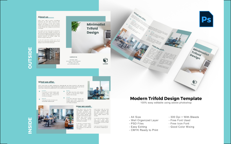 Download PSD шаблон "Tosca Trifold Brochure PSD Template" / Tosca Trifold Brochure PSD Template - PSD шаблон на тему графика trifold template,brochure template,flyer template,psd template,trifold psd template,photoshop template,modern,minimalist,business trifold,trifold brochure,trifold mockup,ads,advertisement,bro