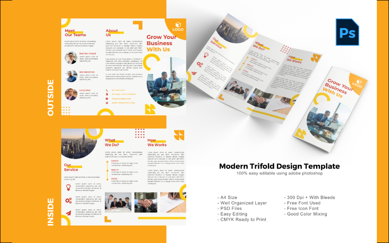Download PSD шаблон "Yellow trifold brochure PSD Template" / Yellow trifold brochure PSD Template - PSD шаблон на тему графика trifold template,brochure template,flyer template,psd template,trifold psd template,photoshop template,modern,minimalist,business trifold,trifold brochure,trifold mockup,ads,advertisement,bro