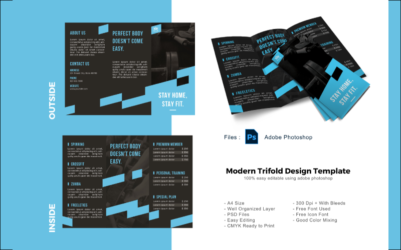 Modelo PSD de folheto com três dobras Fitbody