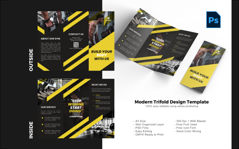 Download PSD шаблон "Fitness Trifold Brochure PSD Template" / Fitness Trifold Brochure PSD Template - PSD шаблон на тему графика trifold template,brochure template,flyer template,psd template,trifold psd template,photoshop template,modern,minimalist,business trifold,trifold brochure,trifold mockup,ads,advertisement,bro