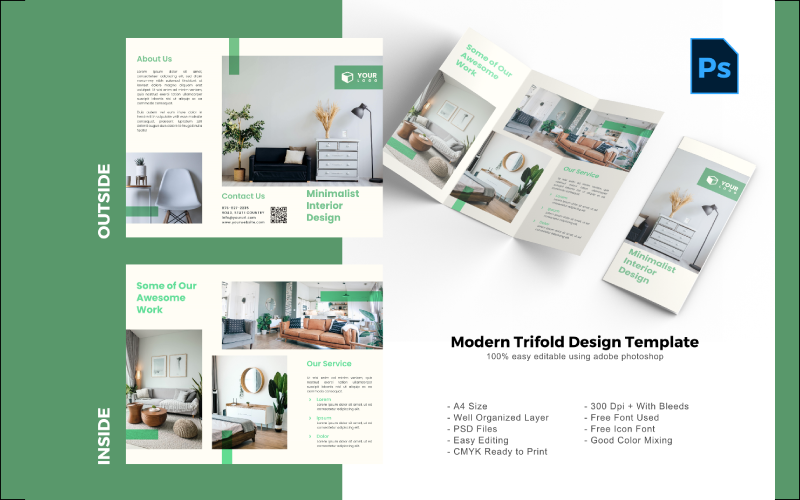 Interieur driebladige brochure PSD-sjabloon