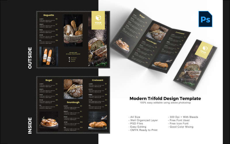 Lyxigt bageri Trifold broschyr PSD-mall