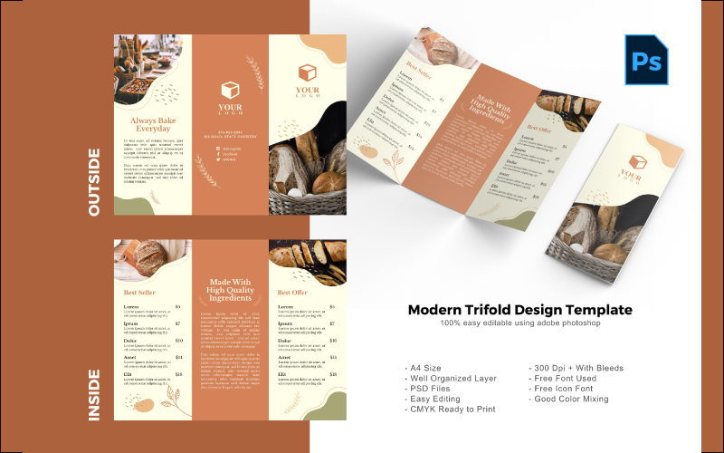 Plantilla PSD de folleto tríptico de Bakery Resto