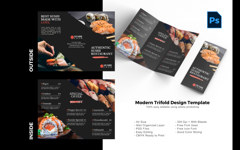 Plantilla PSD de folleto tríptico de comida de sushi