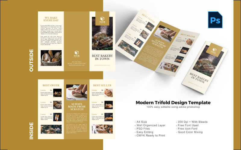 Plantilla PSD de folleto tríptico de comida para pasteles