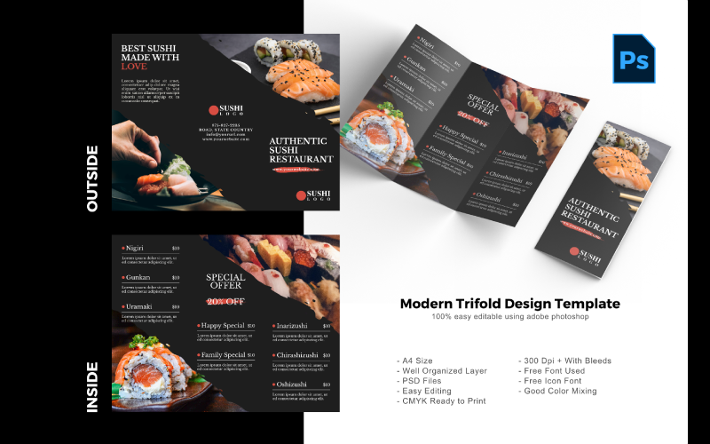 Download PSD шаблон "Sushi Food Trifold Brochure PSD Template" / Sushi Food Trifold Brochure PSD Template - PSD шаблон на тему графика trifold template,brochure template,flyer template,psd template,trifold psd template,photoshop template,modern,minimalist,business trifold,trifold brochure,trifold mockup,ads,advertisement,bro