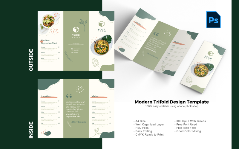 Download PSD шаблон "Vegetarian Trifold Brochure PSD Template" / Vegetarian Trifold Brochure PSD Template - PSD шаблон на тему графика trifold template,brochure template,flyer template,psd template,trifold psd template,photoshop template,modern,minimalist,business trifold,trifold brochure,trifold mockup,ads,advertisement,bro