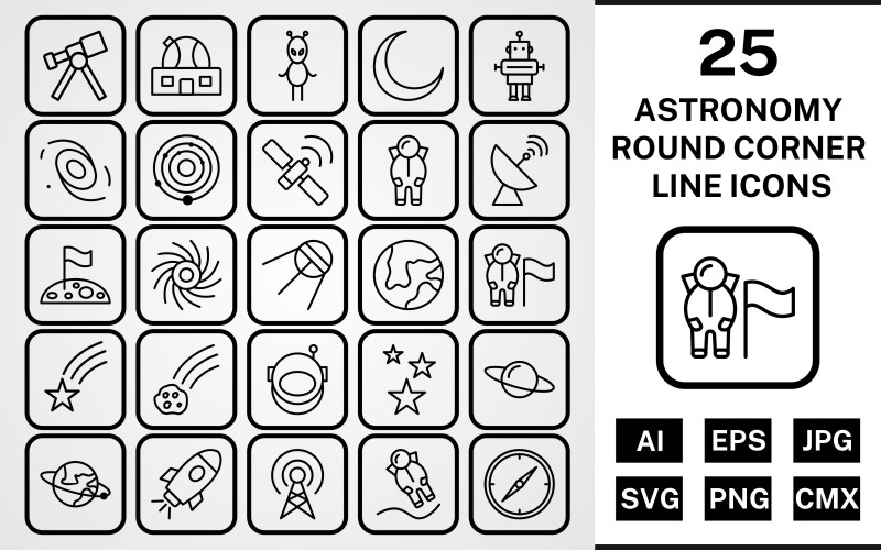 Download Набор иконок "25 Astronomy Round Corner Line Black Icon Set" / 25 Astronomy Round Corner Line Black Icon Set - Набор иконок на тему science set,file,icon,icons,round,vector,sign,symbol,pictogram,corner,line,astronomy,astronout,galaxy,telescope,stars,compass,falling star,space station,solar system