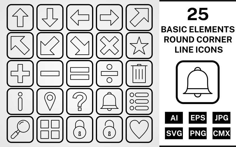 Download Набор иконок "25 Basic Elements Round Corner Line Black Icon Set" / 25 Basic Elements Round Corner Line Black Icon Set - Набор иконок на тему data set,file,icon,icons,round,vector,sign,symbol,pictogram,corner,line,basic elements,up,down,apps,lock,list,minus,delete,divide