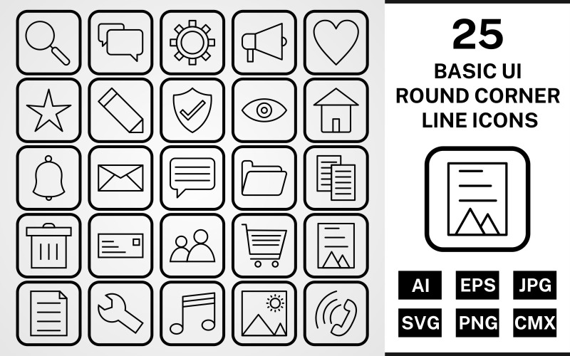 25 basis ui ronde hoeklijn zwarte pictogramserie
