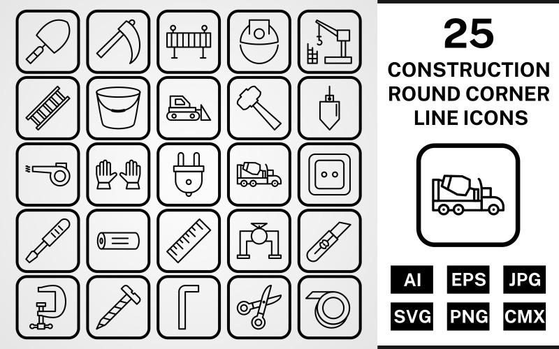 Download Набор иконок "25 Construction Round Corner Line Black Icon Set" / 25 Construction Round Corner Line Black Icon Set - Набор иконок на тему industrial set,file,icon,icons,round,vector,sign,symbol,pictogram,corner,line,construction,trowel,ladder,bucket,vise,ruler,helmet,hammer,bulldozer