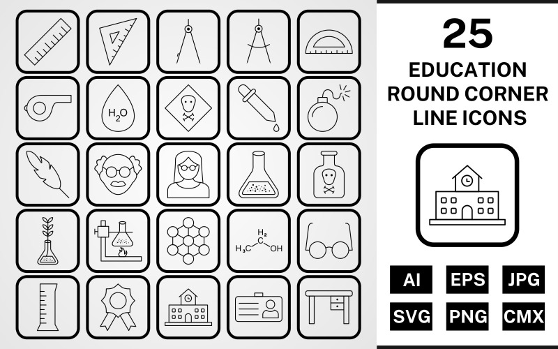 Download Набор иконок "25 Education Round Corner Line Black Icon Set" / 25 Education Round Corner Line Black Icon Set - Набор иконок на тему science set,file,icon,icons,round,vector,sign,symbol,pictogram,corner,line,education,toxic,scale,school,award,chemicals,beaker,divider,compass
