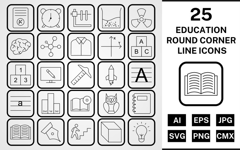 Download Набор иконок "25 Education Round Corner Line Black Icon Set" / 25 Education Round Corner Line Black Icon Set - Набор иконок на тему science set,file,icon,icons,round,vector,sign,symbol,pictogram,corner,line,education,brain,cube,book dvd,open book,electron,alarm,notepad,radiation